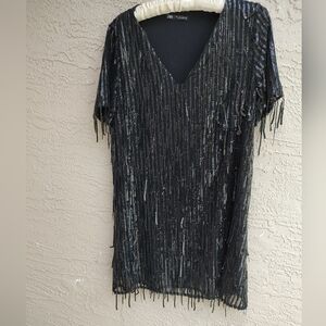 Zara Shimmering Black Fringe Dress